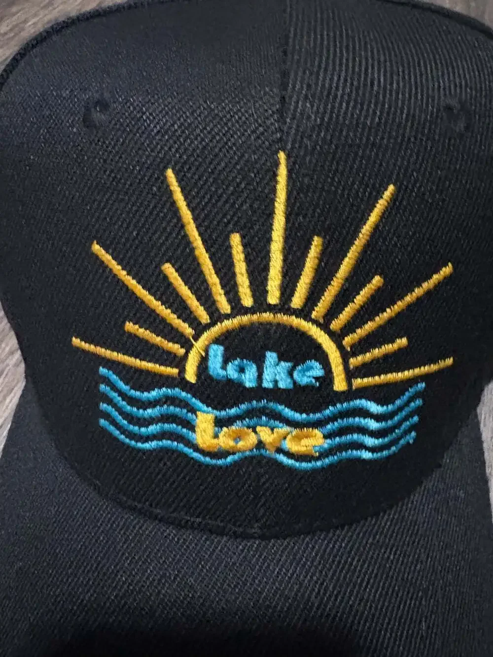 Lake Love Embroidered Black Adjustable Hat Sun Water NEW
